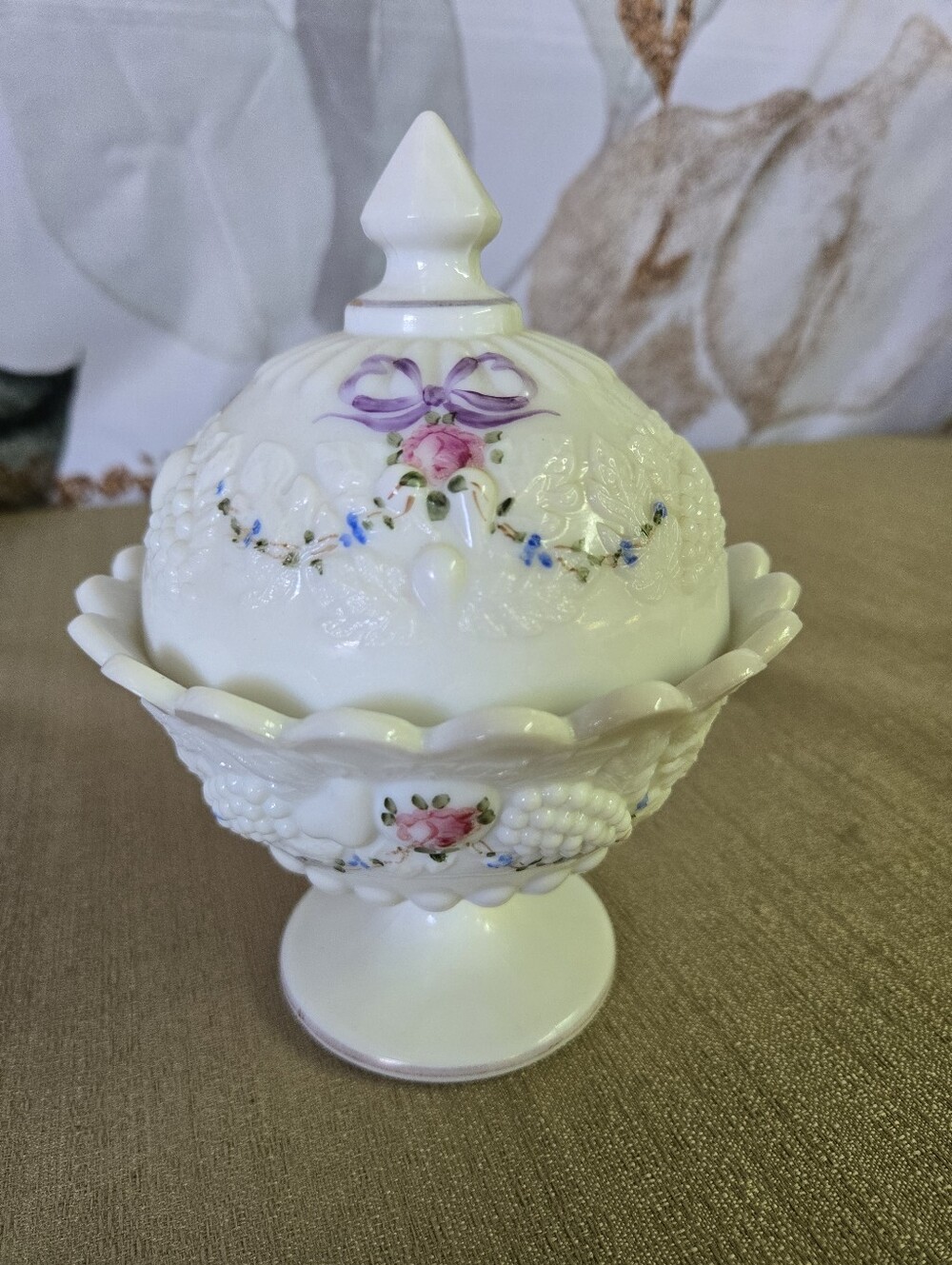 FENTON | Hand-Painted Milk Glass Covered Pedestal Candy Dish - Vintage